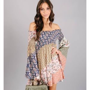 NWT Bell Sleeve Off The Shoulder Patchwork Dress